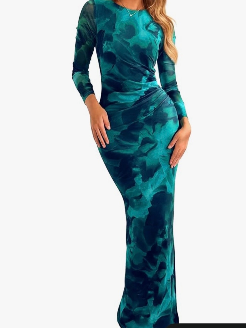 Long Sleeve Teal Green Maxi Dress with Draped Waist